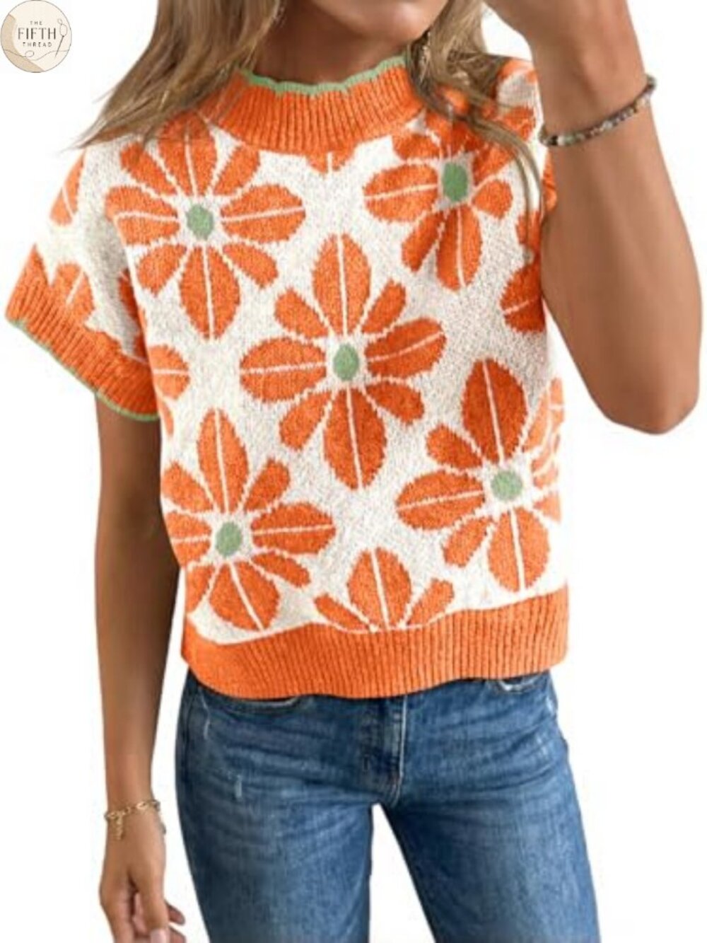 Womens Floral Knit Sweater Short Sleeve Crew Neck Loose Summer Pullover